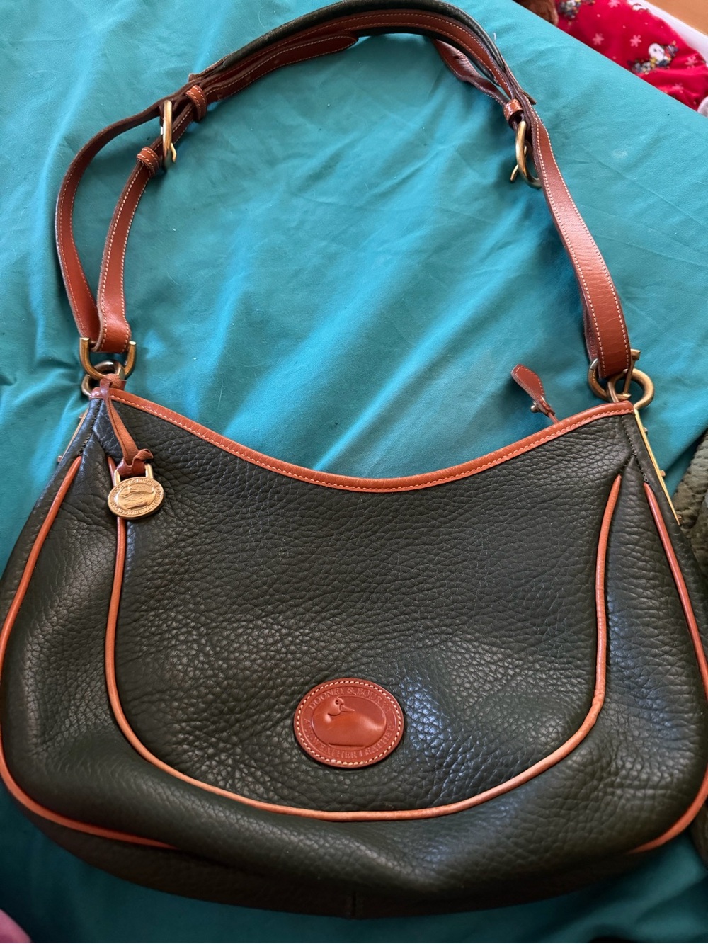 Dooney & Bourke Dark Green Pebbled Leather Shoulder Bag with Brown Trim